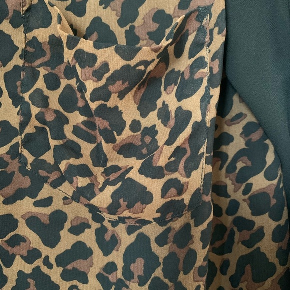 Millau Black Leopard Animal Print Sheer Asymmetrical Long Sleeve Button Down - Picture 4 of 5